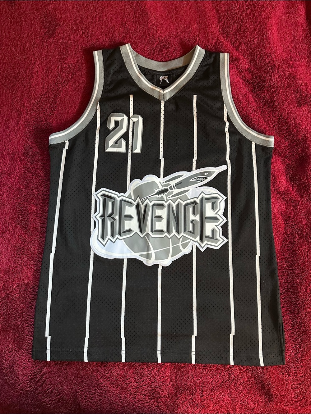 Revenge Clothing Black & White Pinstripe Basketball Jersey, Revenge Rockets